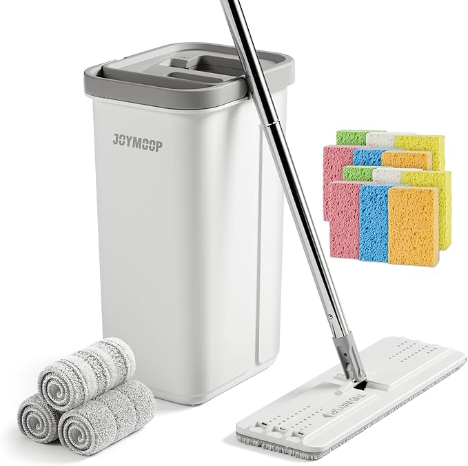 JOYMOOP Hands-Free Mop and Bucket with Wringer Set with Colorful Compressed Sponges, Househould Cleaning Tool of Floor Mop and Cellulose Sponges