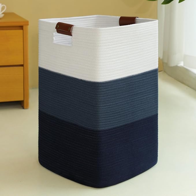 Laundry Hamper 96L Extra Large Laundry Basket, Woven Blanket Basket | Cotton Woven Storage Hamper with Handles for Living Room, Large Baskets for Pillows, Blankets, Clothes-Gradient Blue