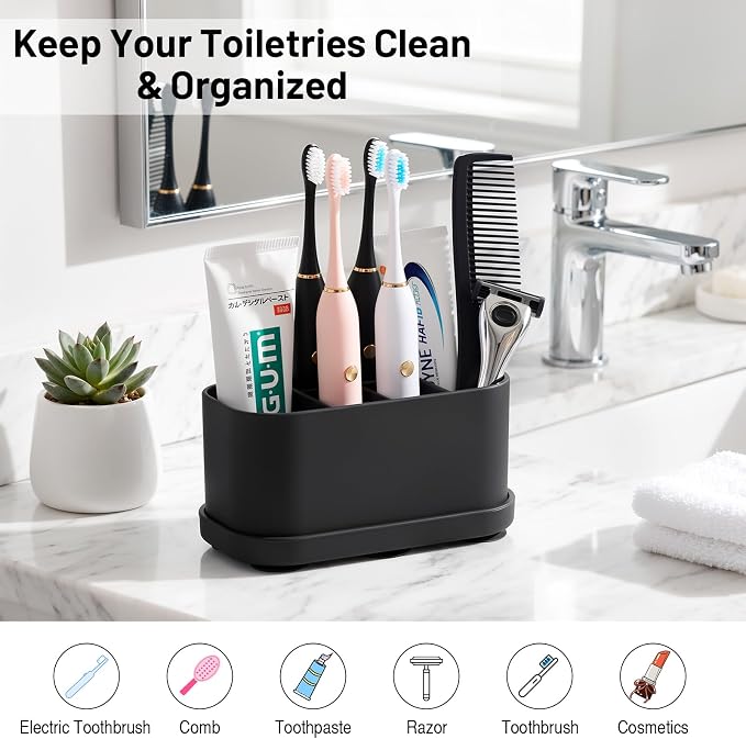 Luxspire Toothbrush Holders for Bathrooms, Silicone, 5 Slots, Black | Toothbrush Organizer with Suction Cup Tray, Toothbrush Holder with Drainage for Bathroom Countertop