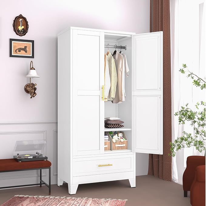 Metal Armoire Wardrobe Closet with Drawers,Storage Cabinet with Hanging Rod,71'' Metal Wardrobe Cabinet with 2 Doors and Adjustable Shelves for Bedroom, Laundry Room, Cloak Room