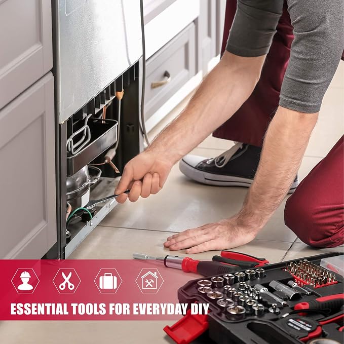 Eastvolt 218-Piece Household Tool Kit, Auto Repair Tool Set, Tool Kits for Homeowner, Plier, Screwdriver Set, Socket Kit and Toolbox Storage Case,Black + Red (Pack of 3)