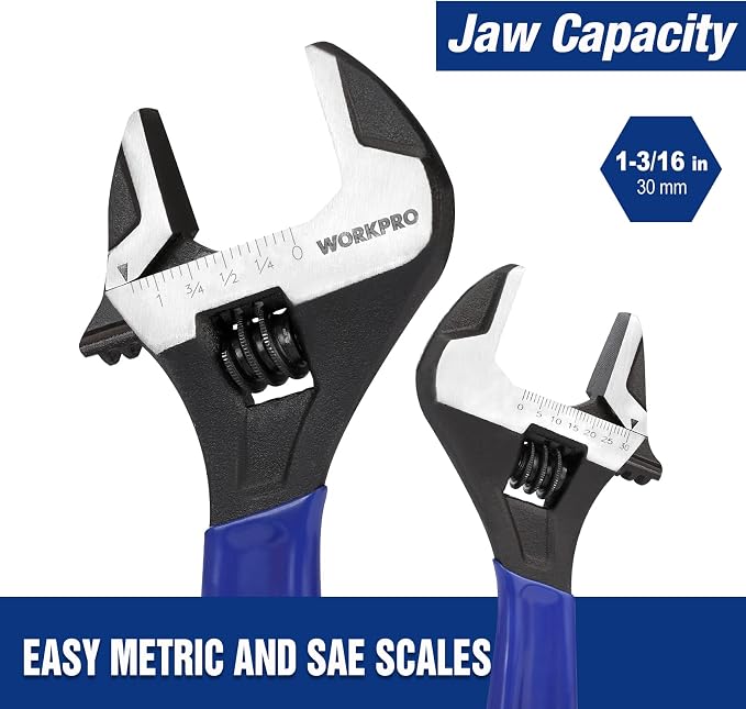 WORKPRO 8-Inch Adjustable Wrench, Cr-V Steel Wide Jaw Black Oxide Wrench | Metric & SAE Scales,Ideal for Home Repairs, Garage, Workshop and DIY Applications