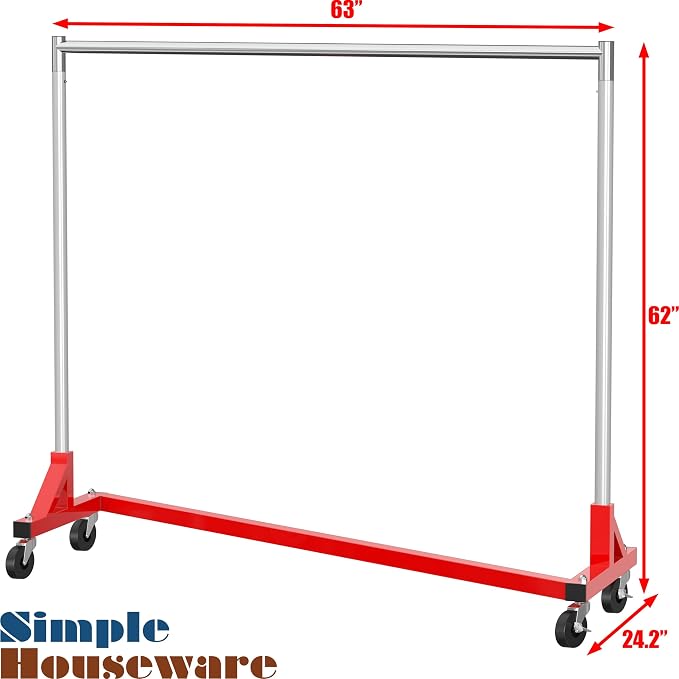Simple Houseware Industrial Grade Z-Base Garment Rack, 500lb Load with 63 Inches Extra Long Bar, Red