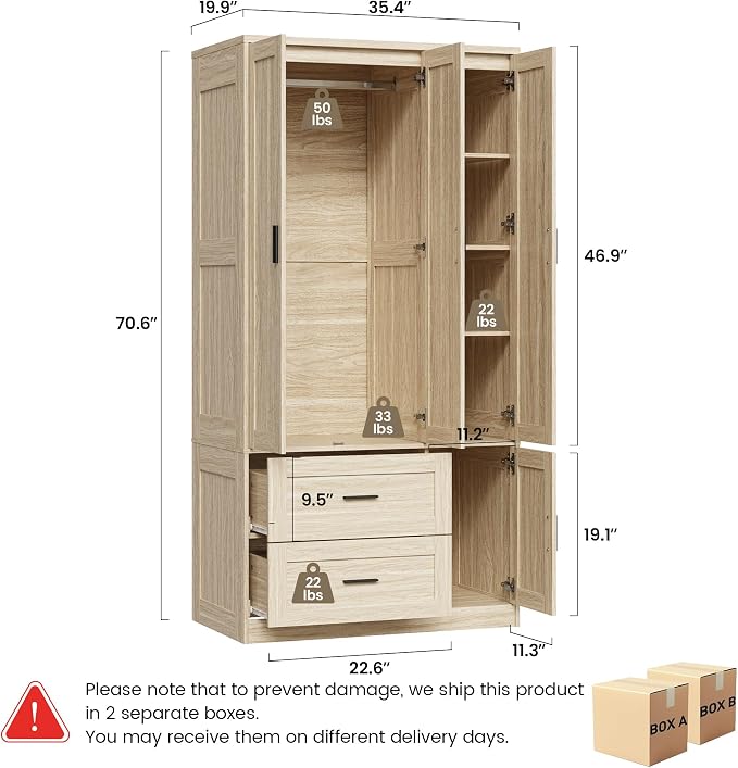 ANCTOR 70.6 Inch Armoire Wardrobe Closet with Drawers (Light Oak) | Hanging Rod, Drawers, Adjustable Cube Shelves, Closed Cabinet Organizer, Modern Bedroom Clothes Cabinet