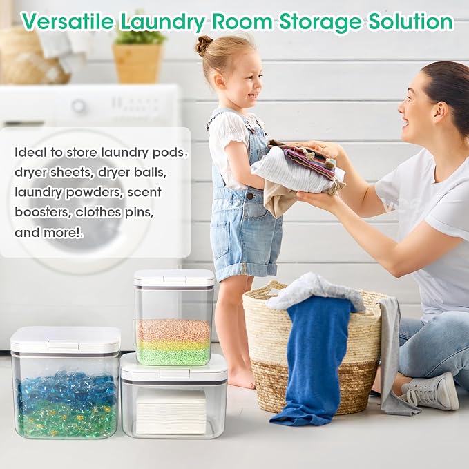 2 Pack Laundry Pods Container with One-Click Pop-up Lid, 95 oz + 68 oz Laundry Room Detergent Storage Container for Laundry Powder, Scent Booster, Dryer Sheet, Dryer Ball, Dishwasher Pod Holder