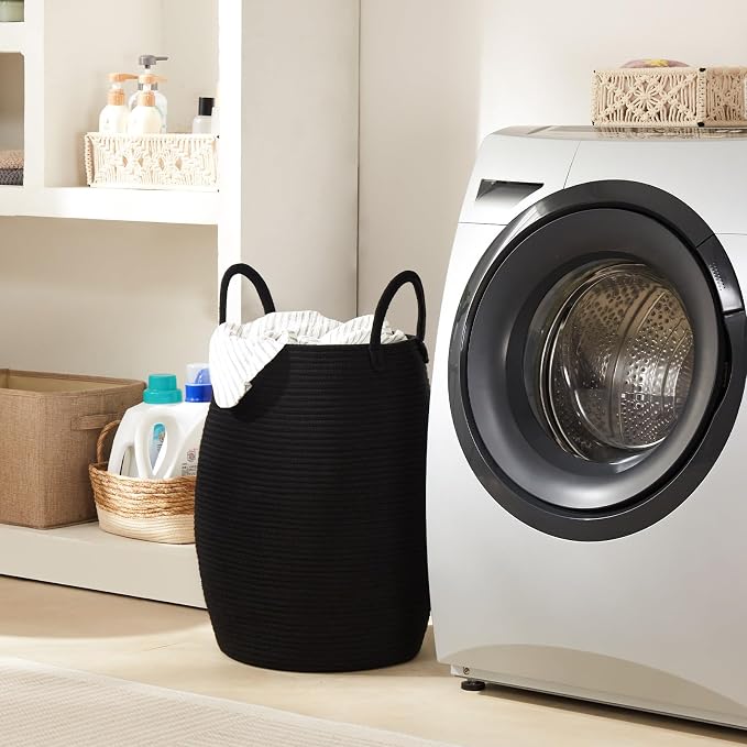 Large Laundry Hamper Basket 65L Woven Blanket Basket, Black | Tall Clothes Hamper, Rope Wicker Laundry Basket, Storage Basket for Toys, Dirty Cothes in Bedroom, Living Room Organizer