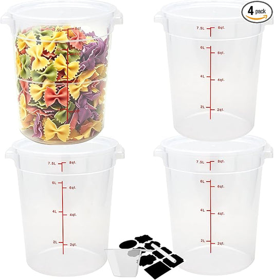 BIEAMA 4 Pack 8 Qt Round Food Storage Containers with Lids, Translucent PP | Include lids, labels, measuring cups and containers with capacity markings for food prep, pantry storage and dough proofing.