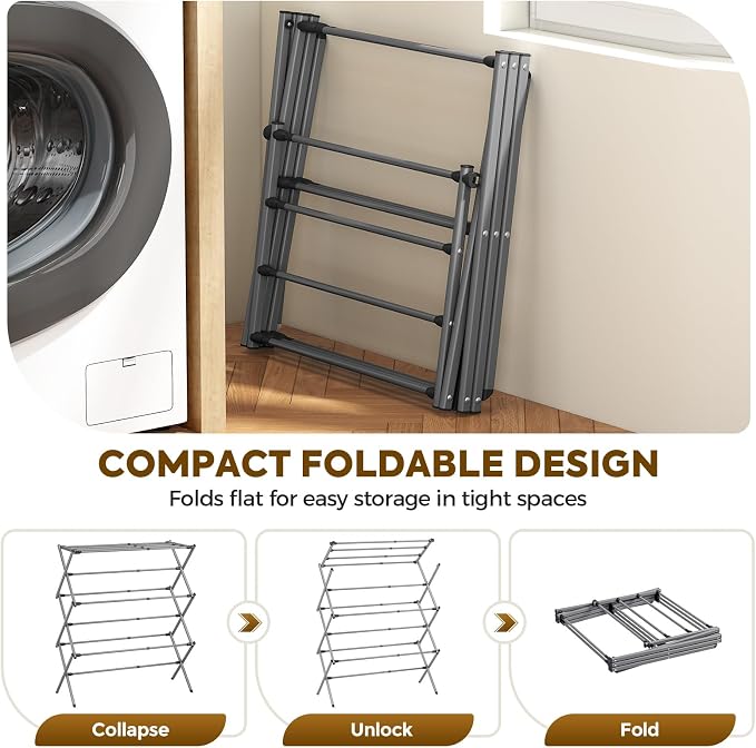 KINGBOARD 3-Tier Extendable Clothes Drying Rack, Small & Foldable, Grey | 37.4"H x 33.8"W x 11.2"D, Space-Saving Collapsible, Easy Assembly, Rust-Resistant Iron Frame, Indoor Outdoor Use, 25lb