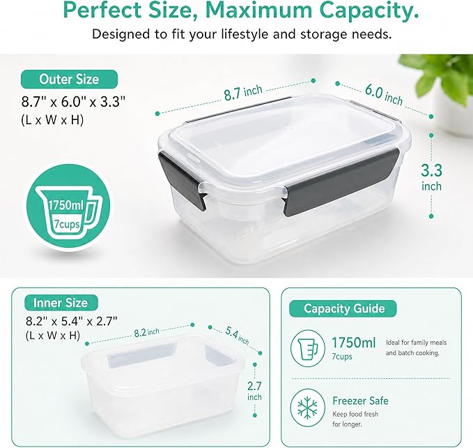 YORY 7cup Plastic Food Storage Containers With Lids For Leftover,5pk | BPA free,Stackable and Nestable,Snaplock Lid ,Freezer Dishwasher Microwave Safe