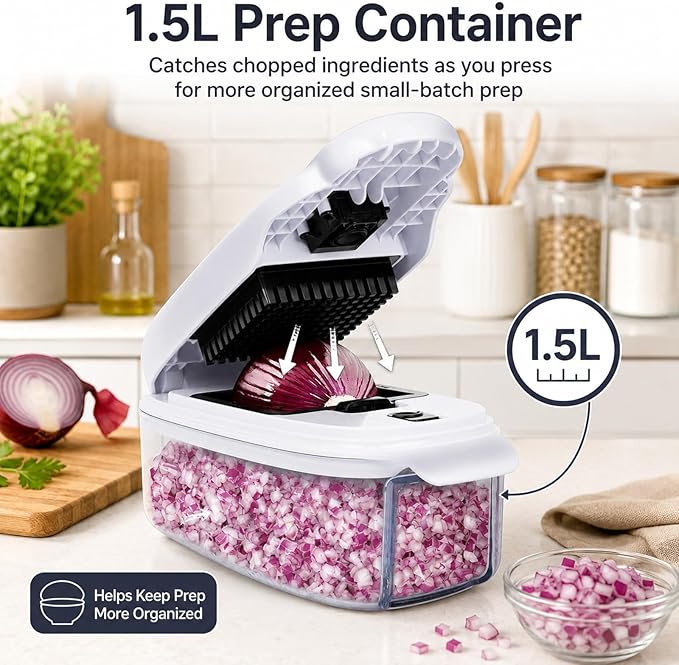 2-in-1 Vegetable Dicer, Onion Chopper, 1.5L Container, White Black | Two dicing sizes for everyday onionsand salad prep