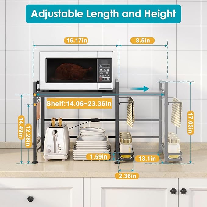 Expandable Microwave Stand Kitchen Countertop Organizer With Storage, Black | Adjustable Microwave Oven Rack Metal Storage Shelf for Pans Small Appliances Kitchen Utensils Tableware, 2-Tier