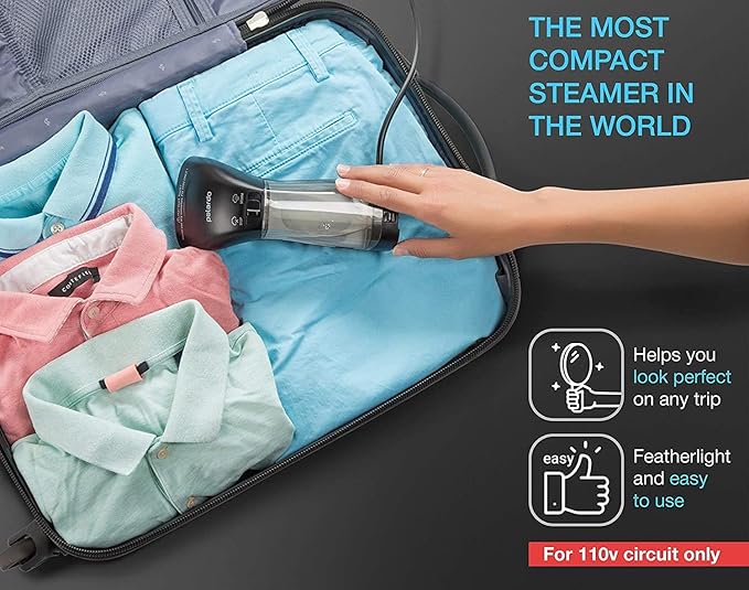 Polardo Travel Garment Steamer - Compact Portable Handheld Clothes Steamer with 360° Anti-Spill Technology, Professional Wrinkle Remover for Travel & Home, Black
