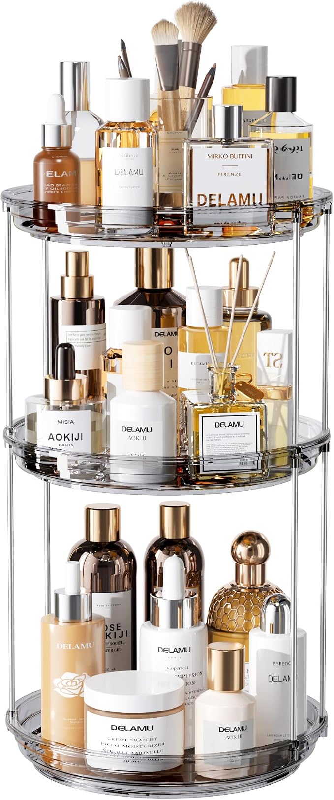 Delamu 3 Tier Rotating Makeup Organizer for Vanity, Skincare Organizer for Bathroom Counter, Spinning Perfume Organizer Cosmetic Holder with Large Capacity, Grey
