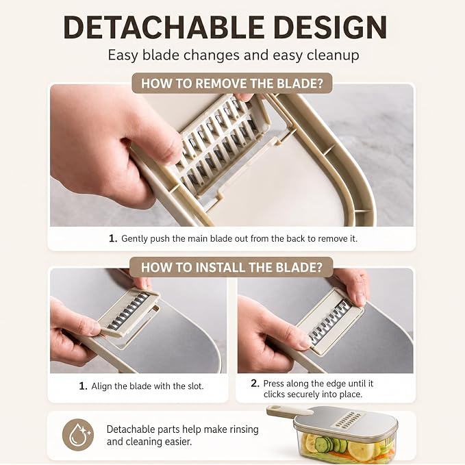 Mandoline Slicer, Vegetable Cutter, Container, Glove & Guard, 6-Blade | Six interchangeable inserts deliver 1.5mm and 3mm sheets, 3mm and 5mm julienne, wavy edges, plus grated textures for recipes.