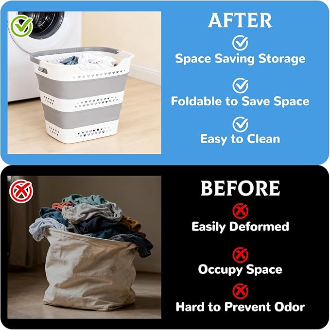 2 Pcs Collapsible Laundry Baskets for Clothes, 43L Plastic Laundry Hamper for Dorm Bedroom, Space Saving Pop-Up Laundry Hamper Container, Durable Foldable Laundry Basket with Handles (Grey-White)