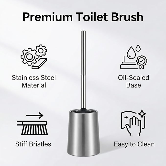 SUS304 Stainless Steel Toilet Brush and Holder Silicone Bathroom Brush TPE Brush Head Toilet Cleaner for Bowl Bathroom Cleaning Brush Caddy with Oily Coating Brushed Chrome