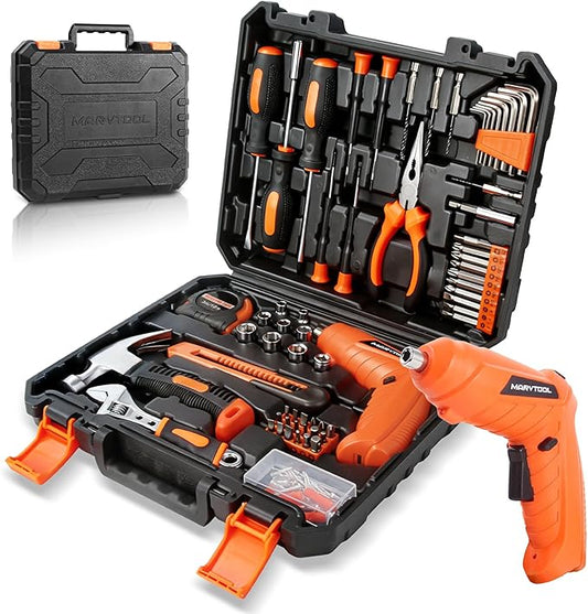 140 Piece Tool Set, Portable Tool Box with Cordless Drill, Home Repair Hand Tool Kit, General Household Drill Set for Homeowner, DIY, Handyman, Women