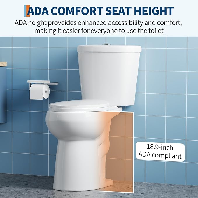 Two Piece Toilet, 19" Round ADA Comfort Height with Upgraded Flushing, Dual Flush Buttons (Top Mounted), Includes Soft-Close Seat & Hardware, White, 12" Rough-in