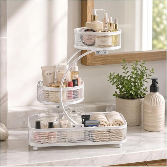 3 Tier Bathroom Counter Organizer-Perfume Organizer | Make Up Organizers for Vanity, Metal Shelf Organizer With Water-Resistant Open Design And Strong Load Capacity, White