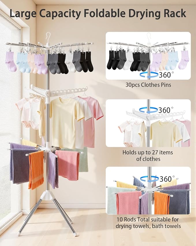 Foldable Clothes Drying Rack, 3 Tier Portable Laundry Drying Rack | 64" Drying Rack, Rotating Clothes Rail with 30 Clips,10 towel sticks and 3 Rotatable Arms, Flats, Small Rooms, Dorm