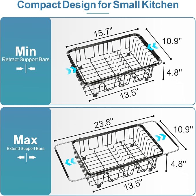 GSlife Dish Drying Rack Over the Sink with Twist-Lock Extendable Handle | Stainless Steel Dish Drainer with Cup Holder and Utensil Holder for Small Kitchen Apartment RV, Rustproof, Gunmetal Grey