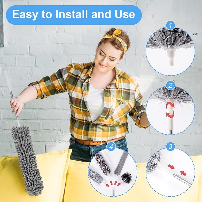Duster with Extension Pole - Grey | 5-in-1 Kit Dusters for Cleaning, Extendable Duster with 100 Inches, Microfiber Dusters for Ceiling Fans, Furniture, Blinds