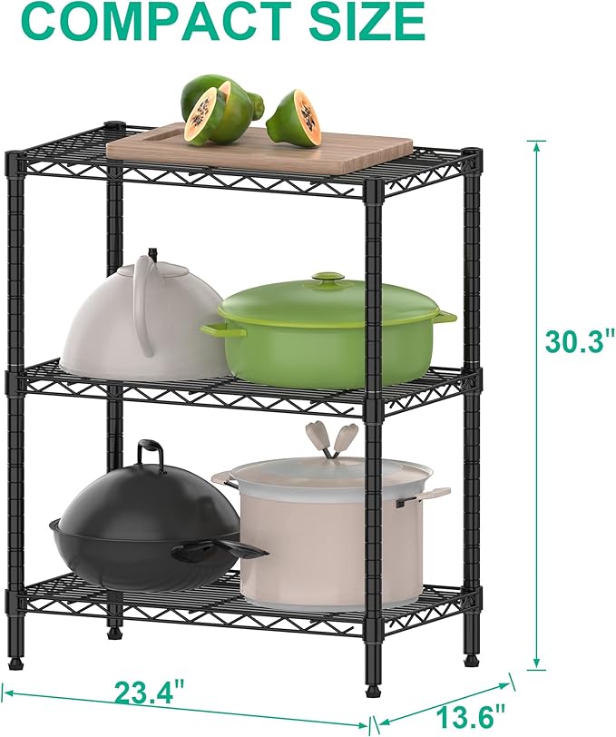 Folews 3-Tier Metal Shelf for Storage, NSF Certified Wire Shelving Unit Storage Rack Organizer Steel Utility Shelf for Kitchen Office Garage Pantry Laundry Organization(13.4D x 23.2W x 29.7H)