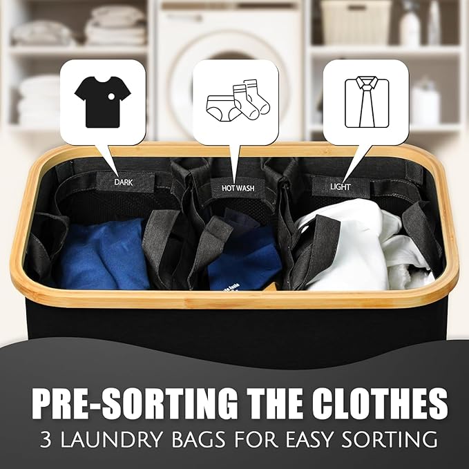 Hampers for Laundry Basket with Lid, 145L Large Laundry Hamper 3 Section | Dirty Clothes Hamper Separator with 3 Removable Bags & 5 Labels, Divided Laundry Organizer for Bedroom, Laundry Room, Black