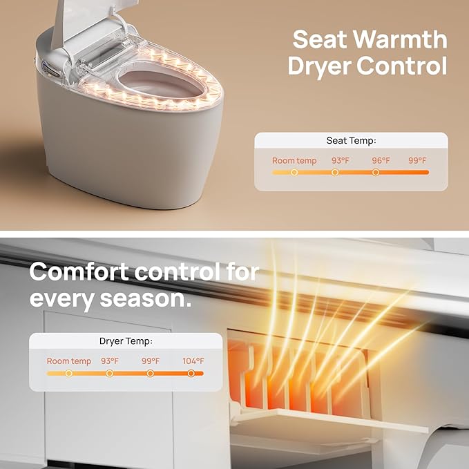 Smart Toilet with Bidet Built-in: Bidet Toilet with 4 Washing Modes Child Friendly, Toilet Bidet with Heated Seat, One Piece Toilet with Warm Water, Dryer, Remote, Foot Sensor, Auto Flush Lid&Seat