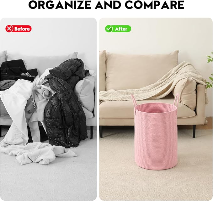 Laundry Basket Hamper Tall Rope Storage Woven for Blanket toys Dirty Clothes in Living Room Bathroom Bedroom (Pink, 100L/26.4Gal)