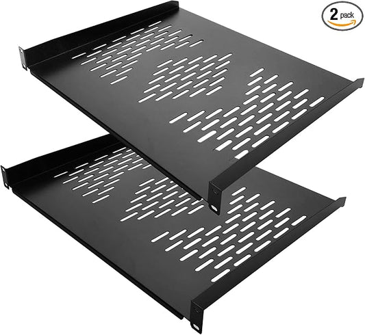 RIVECO 2 PCS 1U Server Rack Shelf 19” Rack-Mount Trays 16 Inches Vented Cantilevers for Server & Network Equipment Mounting, (40 CM) Depth, Black