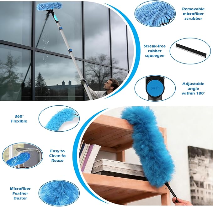 25FT Reach High Ceiling Duster Kits with 5-20FT Adjustable Pole - Includes Extra Long Duster, High Ceiling Duster, Rotatable Window Squeegee & Cobweb Duster for Ceiling Fans and Whole House Cleaning