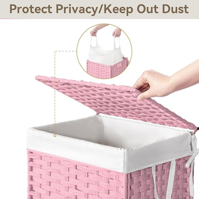 Chrislley Wicker Laundry Basket with Wheels,Rolling Laundry Hamper with Lid | 90L Slim Clothes Hamper with Wheels & Removable Liner Bag, Handwoven Rattan Laundry Organizer for Bedroom, Bathroom, Pink