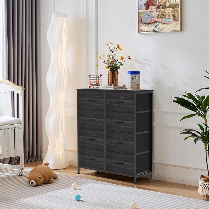OLIXIS Dresser for Bedroom, 8 Storage Drawers, Tall Fabric Tower Organizer | Large Dresser for Closet, Chest of Drawers with Metal Frame Wooden Top for Nursery, Living Room, Black Wood Grain