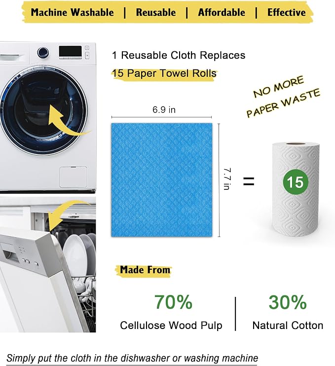 MoLKENE Swedish Dishcloths - 10 Pack Reusable Kitchen Dishcloths - Ultra Absorbent Dish Towels for Washing Dishes - Cellulose Sponge Cloth Cleaning Cloths - Blue