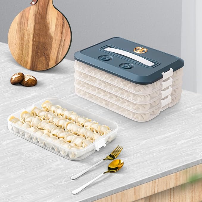 Food Storage Containers with Lids, Plastic Cookie Storage Containers Airtight, 4-Layer Stackable Food Containers Dumpling Storage Box, Blue
