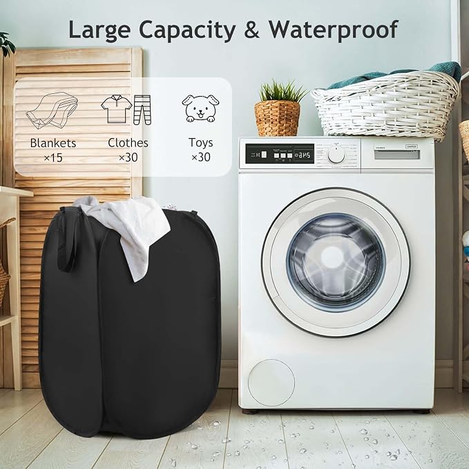 House Again Upgraded Polyester Pop-up Laundry Hamper, 70L (18.5 Gal) Laundry Basket with Durable Handles, Solid Bottom, High Carbon Steel Frame and Side Pocket, Easy to Open and Fold Flat for Storage
