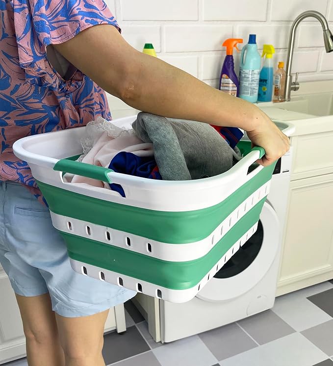 SAMMART 42 (11 Gallons) Collapsible Plastic Laundry Basket, Foldable Pop Up Storage Container/Organizer, Space Saving Hamper, Portable Bin for Dorm Room Bathroom (2, White/Winter Green)