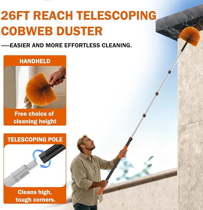 Buyplus 26FT Reach Cobweb Duster, Outdoor Spider Web Cleaner Brush with Professional 5-20FT Extension Pole, Non-Shedding Fluffy Bristles, Suitable for Ceiling and Corner Dusters for Indoor and Outdoor