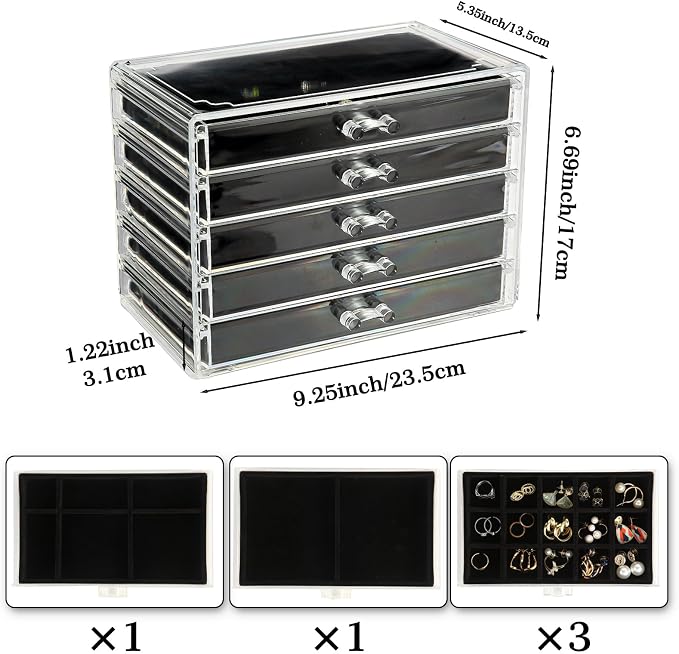 GUOER Earring Organizer, Acrylic Jewelry Box with 5 Drawers for Women,Black | Clear Earring Holder Organizer Box, Stud Earring Ring Display Storage Case Large, Adjustable Velvet Trays Girls Gifts