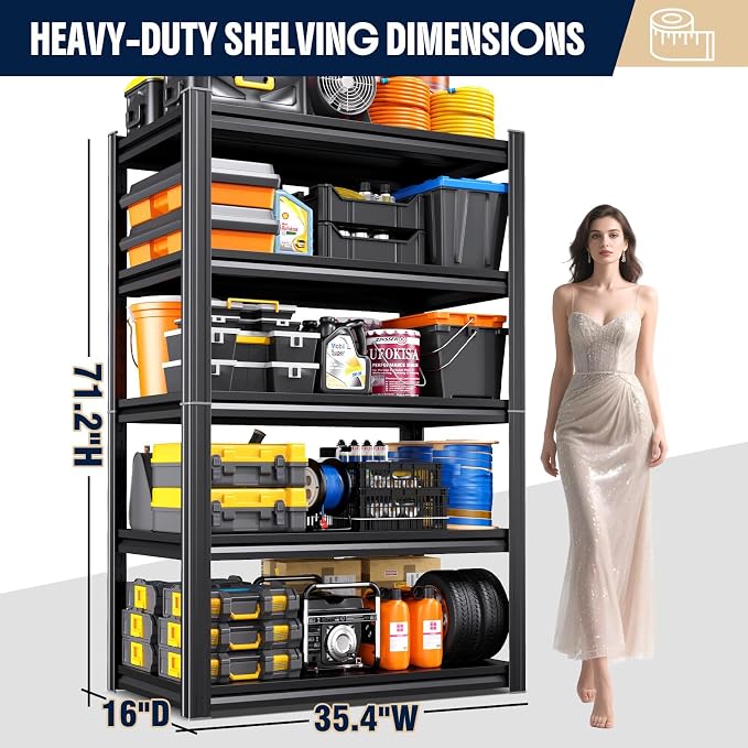 Set of 5 Heavy Duty Garage Shelving Unit, 71.2" H x 35.4" W x 16" D, 5-Tier Adjustable Storage Shelves for Garage Storage, Standing Shelf Unit & Shelves Organizer for Home, Warehouse, Workshop