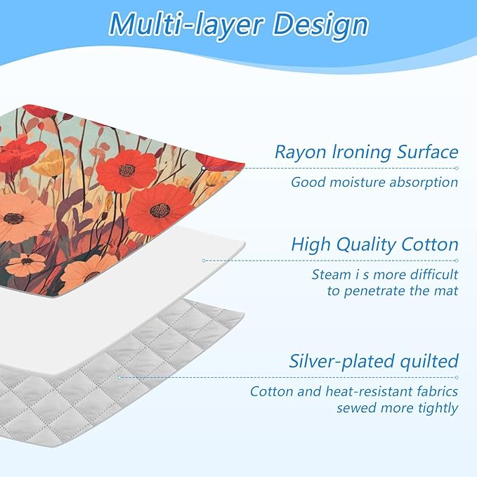 Autumn Poppy Flowers Ironing Mat Portable Ironing Pad Blanket with Silicone Iron Rest for Table Top Travel Heat Resistant Double-Side Using Large 47x28 Inch Foldable