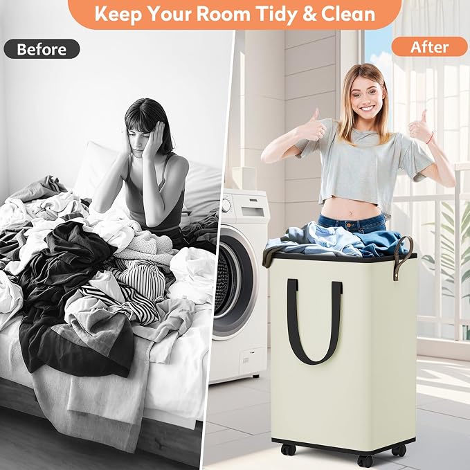 SpaceTrove Rolling Laundry Basket with Wheels, Laundry Hamper, 80L, Cream | Collapsible, 4 detachable wheels including 2 with brakes, sturdy handle, metal frame, for dorms, bathrooms and bedrooms