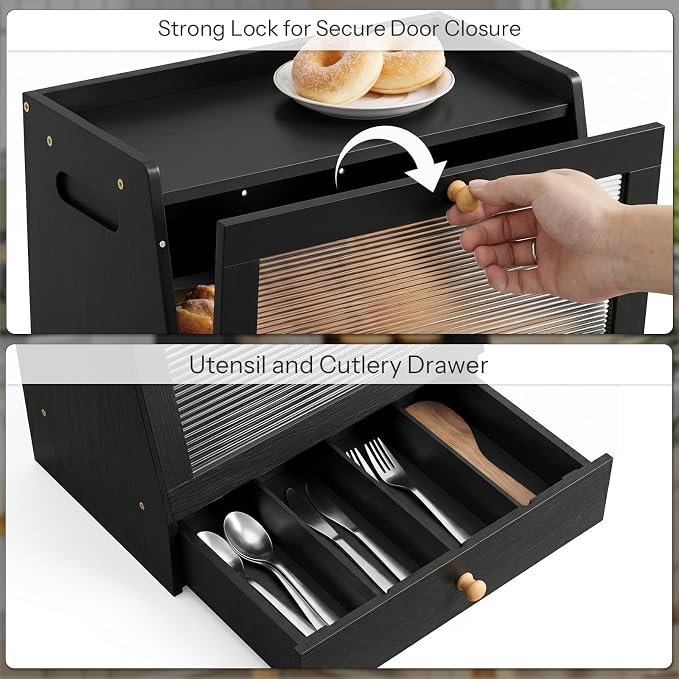HOOBRO Bread Box, Bamboo Bread Box for Kitchen Countertop, 2-Tier Bread Storage Container with Drawer, Bamboo Food Cabinet with Acrylic Door, for Kitchen, Dining Room, Black BK21MB01
