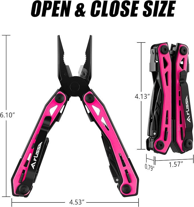 FLISSA 16-In-1 Multi-Tool Pliers, EDC Multitool, Multipurpose Tool, Pink | Gift for Men, Stainless Steel, Pocket Knife, Belt Clip, Oxford Pouch, Safety Locking, For Camping, Survival & Outdoor