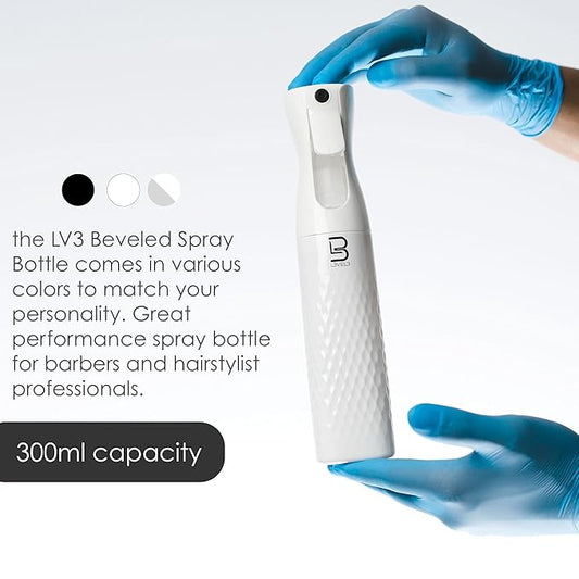L3 Beveled Spray Bottle - Continuous Spray with a Fine Mist Pattern - Barber and Hair Stylist Supplies - Less Hand Fatigue Compared to Standard Bottles - Level Three Barber Spray - 300 ml (White)