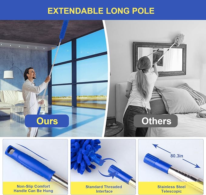 Duster with Extension Pole for High Ceilings & Ceiling Fans, Cobweb Duster | 30-100" Stainless Steel Pole, Bendable Washable Heads, Cobweb and Gap Cleaning, Detachable Heads, Complete 6-Piece Duster Kit
