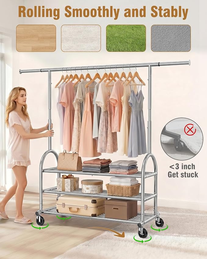 EAGMAK Heavy Duty Clothes Rack for Hanging Clothes Load 688 LBS, Height Adjustable Rolling Clothing Racks, Portable Metal Coat Rack Garment Wardrobe with Wheels and 3 Shelves for Bedroom, Silver