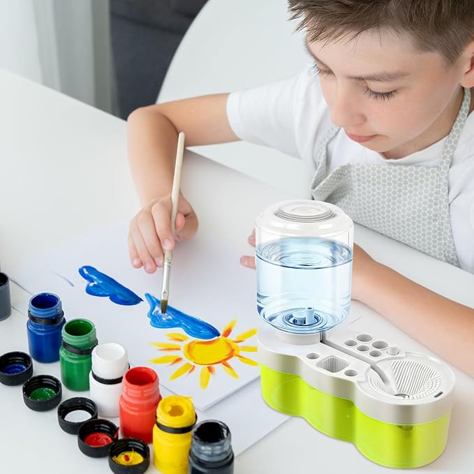 2026 Paint Brush Cleaner for Kids Water Circulation Paint Brush Cleaner with Drain Paint Water Dispenser with Palette Brush Holder Paints Brush Washer for Acrylic Painting Watercolor Art (Green)