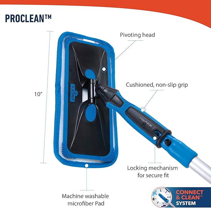Unger Professional Indoor Window Cleaning Kit with 2' Pole — Swivel Head Pad Washer for Glass, Mirrors & Flat Surfaces, Streak-Free Results, 2 Reusable Microfiber Pads, Wet or Dry Use